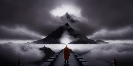 <lora:15ParralelDimensions:1>parallel dimension: a monk is standing in the middle of a cloudy sky