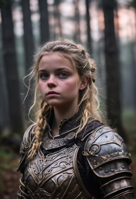 Close Up shot of  Aurora The Sleeping Beauty as a little warrior, she IS a very young girl, blonde wavy hairstyle, beautiful, black steel armour, pink dirt dress, wind, at night, fog, mist, forest at the background, National Geographic photography awarded masterpiece
