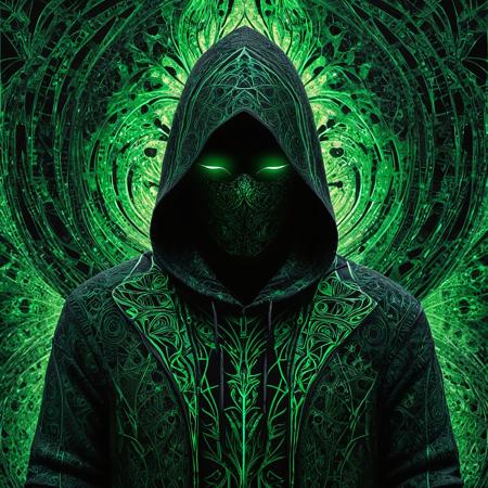 Hooded Assassin in Fractal Impressionist style, featuring green and black recursive details