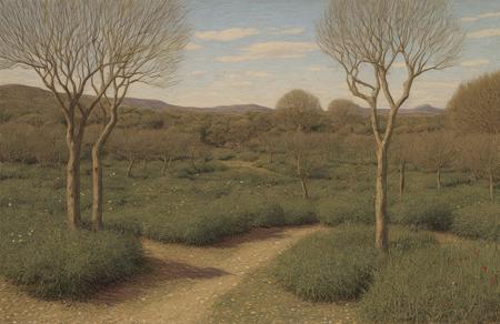 style of Henry Moret, thicket ,arboretum ,orchard ,boscage ,coppice , Desert ,