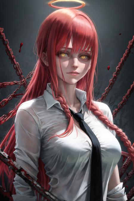 1girl, bangs, between breasts, black necktie, blood, braid, braided ponytail, chain, cleavage, closed mouth, collared shirt, halo, large breasts, lips, long hair, looking at viewer, makima \(chainsaw man\), necktie, necktie between breasts, red hair, ringed eyes, shirt, sidelocks, solo, upper body, white shirt, yellow eyes,shiny skin