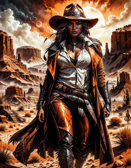 high_quality, highres, beautiful, detailed, masterpiece, best quality, absurdres, 8k, HDR, wide shot, cinematic  BREAK
fiery woman cheyenne, High contrast, minimalistic, colored black and grungy white, stark, dramatic, graphic novel illustration, hatching, traditional outfits, grassy landfields, seminole war complexe background, comics,   style by Antoine Aurety, flat colors, dark brownish gradient colored background with hills and canyon town, grain paper, noisy, high passes
 <lora:dvr-rst:0.7> , dvr-rst <lora:add-detail-xl:1> <lora:cfg_scale_boost:0.6>
