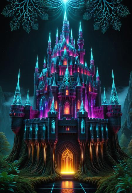 surreal castle, old castle, crazyily big castle, massive fortress, surreal castle, massive walls, medieval castle, transformed by glowing fractal roots, geometric vines wrapping around its structure, futuristic crystal patterns integrated into the metal, bioluminescent details, mystical atmosphere, cinematic lighting, foggy cityscape in the background, ultra-detailed architecture, dreamlike sci-fi fantasy fusion, sharp focus, 8k, fractal-inspired redesign, concept art style, fractangles, made out of fractangles, high quality,