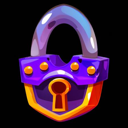 <lora:Game Icon InstituteXL1:1>,(masterpiece, top quality, best quality, official art, beautiful and aesthetic:1.2),(8k, best quality, masterpiece:1.2),a cartoon style lock with a purple and orange handle on it's side and a keyhole on the front,solo,simple_background,shiny,no_humans,black_background,still_life,