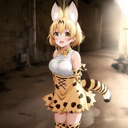 serval (kemono friends), 1girl, cat girl, serval ears, serval print, white sleeveless shirt, yellow bowtie, blonde hair, short hair, bare shoulders, open mouth, white boots, ((solo)), detailed shading, detailed ambient light, in abandoned sewer, large breasts