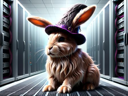 a rabbit in a magicians hat working in a computer server room made of w00kiee    <lora:Wookiee_Hair:1>  <lora:add-detail-xl:1>