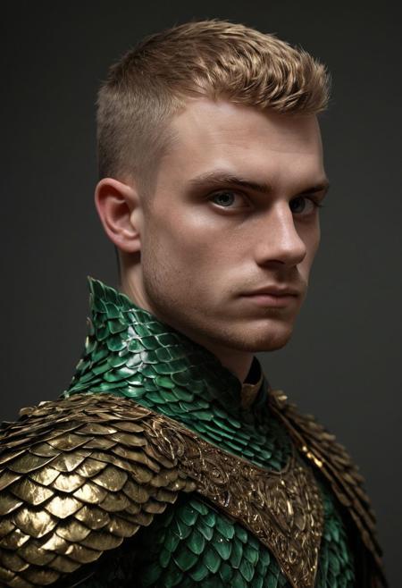 emo haircut, undercuthaircut, Photorealistic oil painting of (Handsome:1.1) (Polish) (Irish) (Slavic) (bright sapphire eyes) (half-dragon warrior-prince:1.2) with (intricate metallic brass scales seamlessly melded into arm and neck:0.9), 18-year-old, (darkblonde undercut short hair:1.1), (medieval fantasy clothing:1.2), grimdark fantasy, (medieval) fantasy, high fantasy, epic fantasy, (upper body:1.3) (medium shot:1.3) taken with (fujifilm xt3:1.1), film grain, dark style, raking light dramatic hard shadows, (dramatic lighting:0.9), material contrast, cinematic composition, intricate details, masterpiece, visually stunning, evocative, vivid deep hues, brass, red Crystal, (body transformation:1.2), <dhevv:ds-style:rsd1.5>, realistic eyes, scaleborn, scales, undercut, royal, darkgreen armor, symmetrical armor,