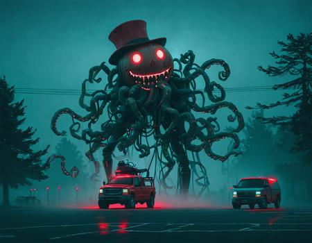 <lora:ssta:0.6>ssta, parking lot, van with lights on with wires wrapped around it, truck, cars, trees, power lines, fog, large mech robot with toy face and wire tentacles, smaller mech drone people with glowing red lights on their faces