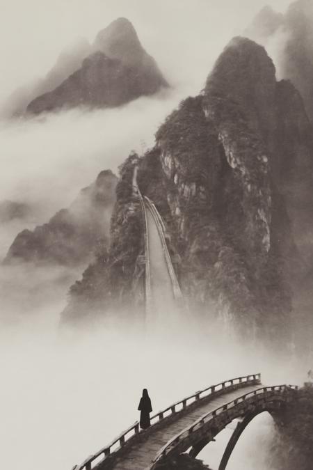 monochrome, 1 girlï¼chinese acient bridge, mountain, fog<lora:langjingshan-000005:0.8>