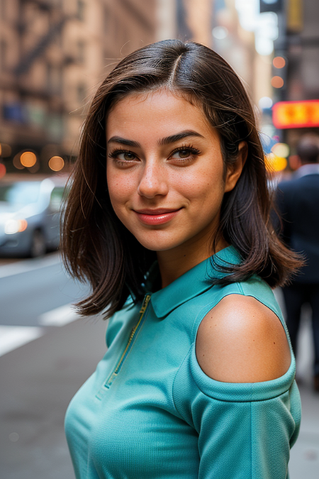 FarahJefry, photography by (Rodney Smith:1.3), ((face focus, shoulders)), modelshoot, pose, (business dress, facing viewer, busy Manhattan sidewalk, looking at viewer, blurry background, bokeh, ID photo:1.3), grin