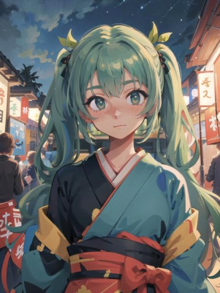 (best quality, masterpiece, illustration:1.1),  1girl, green hair, twintails, happy, shrine, kimono, outdoors, night, festival, pov, mutiple people, <lora:BrushlineV1:0.6>