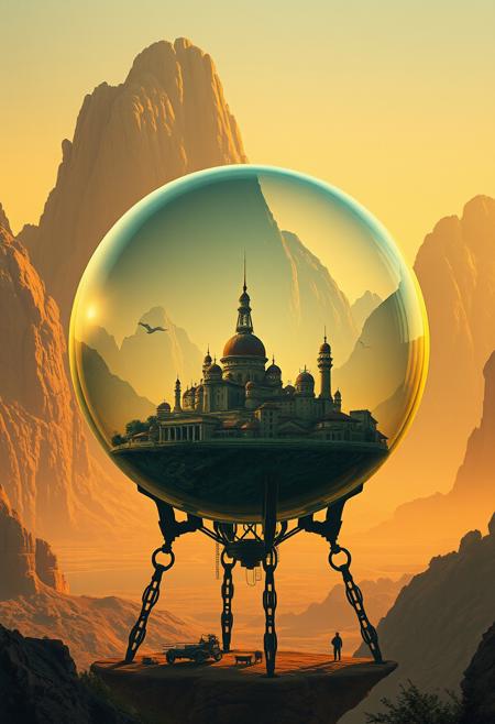 A small fantasy city inside an enormous glass sphere, floating above the ground on metal honeycomb legs in front of giant mountains, golden hour, in the style of Frank Frazetta and Zdzisław Beksiński