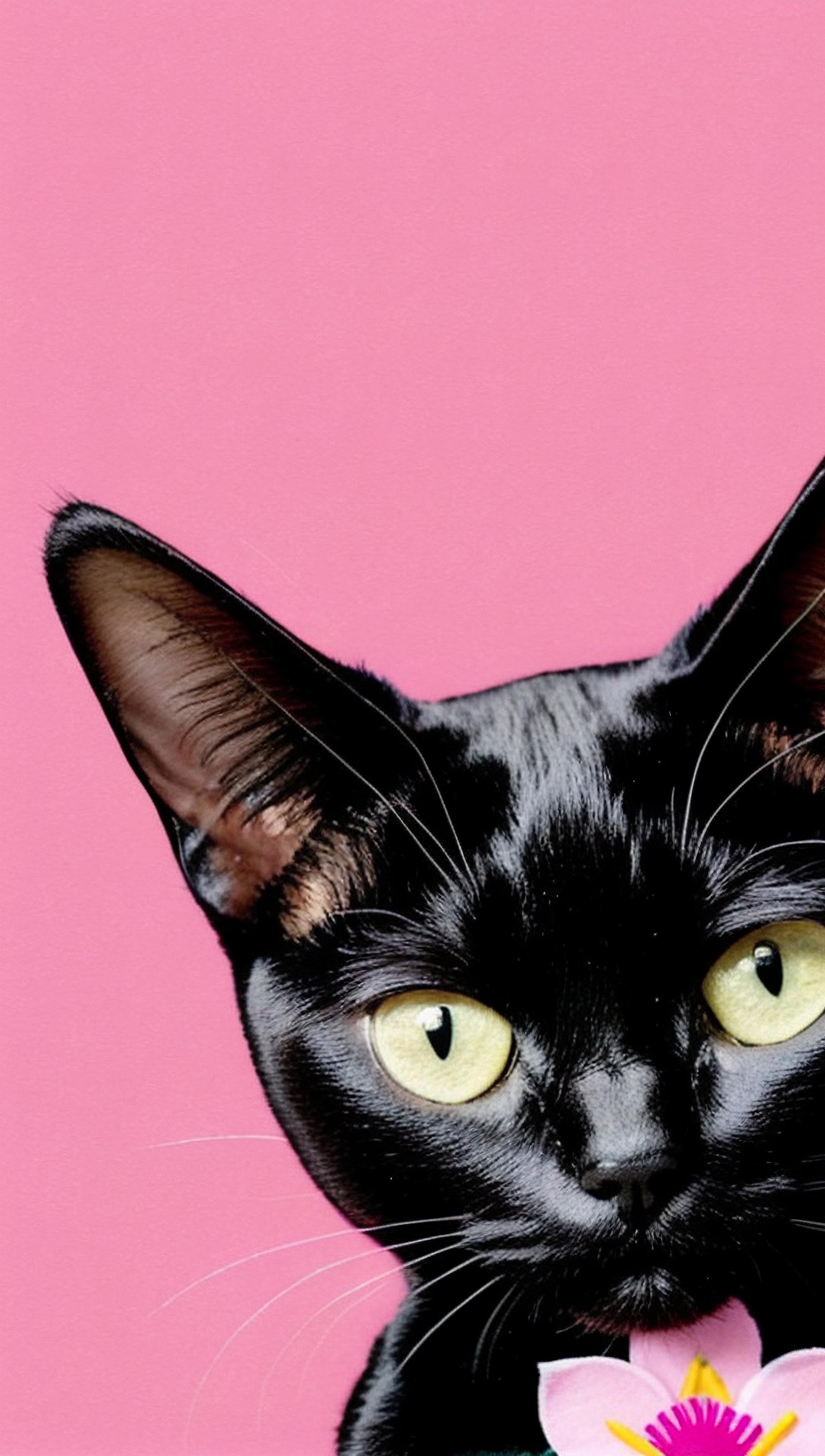 Pop Art style a close up of a black cat wearing a pink shirt with a flower on it, a pastel, sumatraism, tumblr, photo of a cat, aesthetic siamese cat, black cat in a pink dress, big eyes, black cat, a black cat . Bright colors, bold outlines, popular culture themes, ironic or kitsch