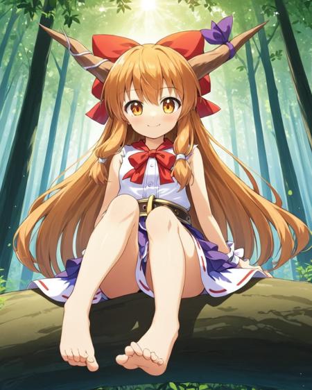 ibuki suika,1girl, solo, horns, barefoot, sitting, smile, skirt, wrist_cuffs, sleeveless_shirt, ribbon, looking_at_viewer, tree, hair_bow, belt, forest, bare_legs, head_rest, sakazuki
<lora:ibuki_suika_image9170_2023-12-11-000006:1>,star-shaped_pupils,symbol-shaped_pupils,. gorgeous,key visual, vibrant, studio anime,award-winning, professional, highly detailed,high budget, cinemascope