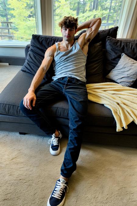 a handsome guy, tank top, he is wearing black pants, upper body, 28yo, caucasian, <lora:darelljones:1>, darelljones, ultra realistic, highres, solo, american man, luxurry high view room, luxury room, chill vibe, <lora:add_detail:0.7>, add detail, lay on couch, armpits, (masterpiece,best quality:1.5)