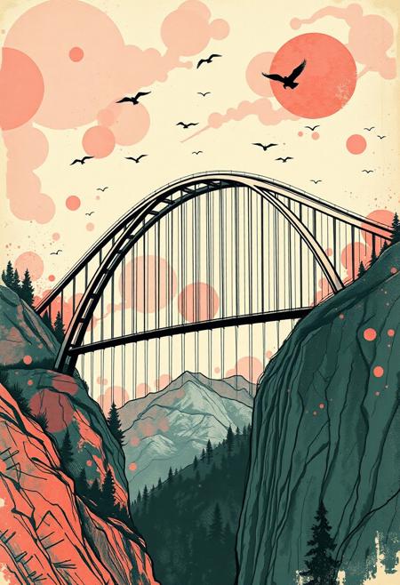 An elegant bridge stretches between cliffs, its design inspired by the curves of nature—arching like the spine of a giant beast, with segmented plates and fluid cables weaving upward like muscle fibers. The rendering is bold and heavily stylized, as if lifted from an aged comic book etched with emotion. The lines are sharp yet expressive, crosshatched and inked with confident, jagged motion. Overlaid atop this skeletal precision is a wash of abstract color—blotches of pink, vermilion, and forest green that bleed beyond the bridge’s edges, merging background and foreground. The sky above is turbulent, composed of thick gestural marks and smoky gradients that evoke movement and tension. Birds spiral in silhouette, drawn with minimal lines, contrasting the expressive chaos below. The bridge feels alive—part architecture, part memory, captured in a cinematic moment of illustrative surrealism.