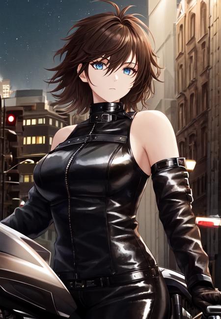 masterpiece, best quality, 1girl, solo, bare shoulders, looking at viewer, upper body, closed mouth, collarbone, sidelocks, detached sleeves, expressionless, leather jacket, leather pants, leather gloves, black clothes, (leather suit:1.1), fluffy, messy hair, spiked hair, shiny clothes, bdsm, black skin, dark, dark background, short hair, messy hair, brown hair, night, city, medium breasts, mature woman, gothic, spikes, biker clothes, bikesuit, blue eyes, street, motorcycle, on motorcycle,