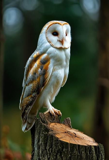 a detailed image of a barn owl perched on a tree stump against a dark, blurred background. The owl should have large, bright yellow eyes with black pupils, a sharp beak, and brown and white feathers with a few white spots. The bird's posture is upright and alert, with its head slightly tilted, giving it an inquisitive look. The tree stump should have rough, textured bark, and the background should be dark green, providing a natural and subtle contrast to highlight the owl. The overall atmosphere should be calm and focused on the owl's striking features.
