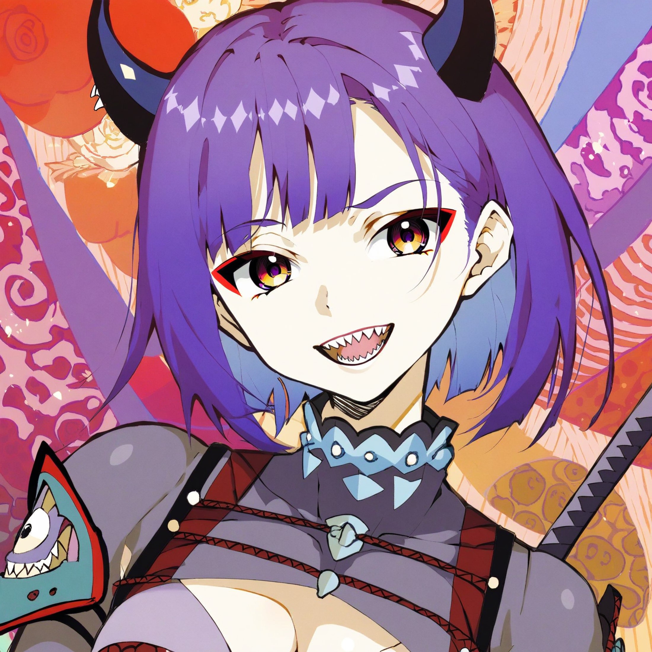 <lora:Atsushi_Ohkubo_Style-000007:1>, by Atsushi Ohkubo, a demon girl, psychedelic hell background, sharp teeth smile, sho...
