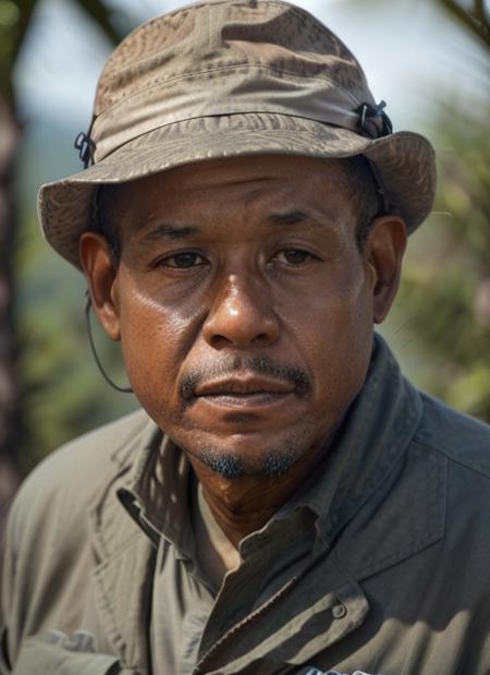 portrait of fw1,  man in Safari Explorer: Khaki Shirt, Cargo Pants, Hiking Boots, Pith Helmet, Binoculars epic (photo, studio lighting, hard light, sony a7, 50 mm, matte skin, pores, colors, hyperdetailed, hyperrealistic),  <lora:ForestWhitaker:1>