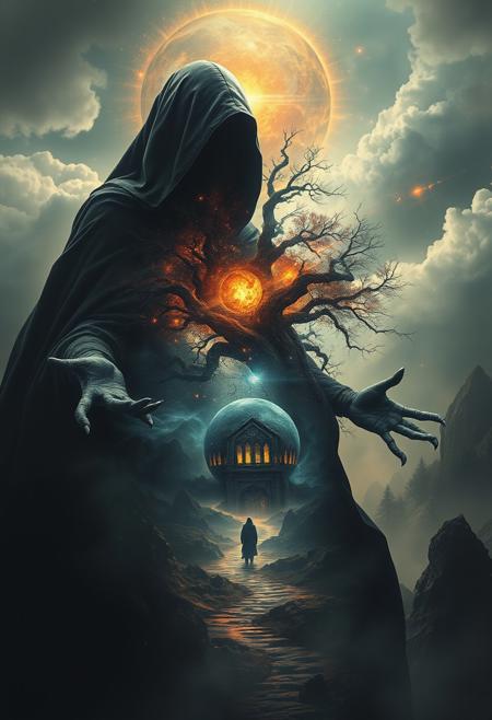 A universe inside a dark cloaked figure within mysterious landscape in an unfathomable realm of fantastic creation inhabited by ancient shadows of a forgotten time beyond the gate of the gateless gate where life is limitless, light is shadow and shadow is light, eerie sense, horror, spark of the beginning, existence and nonexistence at once, ethereal, outstretched arms, behold the end of the beginning, inglorious glory to the dark one, betrayal of the ancient order, beware the 7headed beast, destroyer of the old ways, bearer of the unbearable, nightmarish, archaic runes, tree aging backwards, breath of the gods