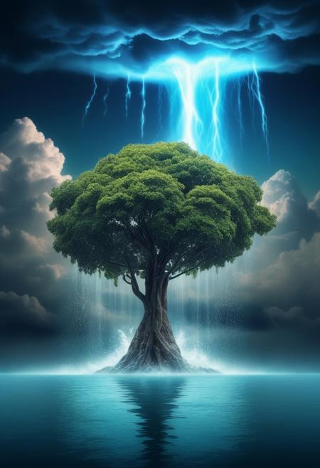 tree floating in the air with a waterfall falling from its roots in cumulonimbus clouds on planet earth, Leaves shaped like bioluminescence water drops.
