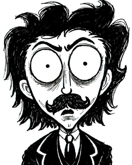 burtonesque drawing of an evil man with mustache. He has big eyes and he is looking at the viewer. He is wearing a suit. White background, monochrome, gloomy, extremely detailed, (medium shot) <lora:burtonesque:0.75>