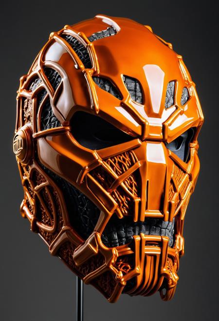 Surrealist, Ben Grimm As The Thing Mask made of orange metal, dripping with melting orange metal, intricate, elegant, photorealistic, studio lighting, grey background, fantastic four