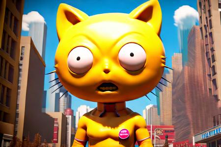 yellabelly a photo realistic superhero character mascot, inspired by hyper realistic hello kitty in the style of mark ryden, (big expressive round eyes), dystopian city background, 2d render, sticker art, vibrant colors, south park, centered full body in center of frame, smooth, (by artist Mark Ryden), minimal detail, bright lighting icon, cute,