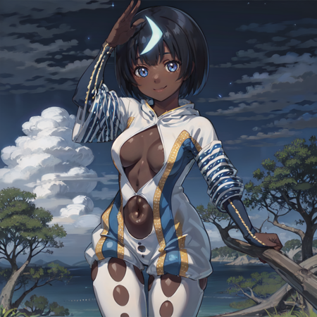 Wandjina a woman in space suit standing, 1girl, solo, outdoors, tree, dark skin, short hair, dark-skinned female, sky, breasts, cloud, navel, day, smile, outdoors, nature background, a young woman, 1girl, solo, tree, see-through, blue skin, short hair, boots, indoors, room background,