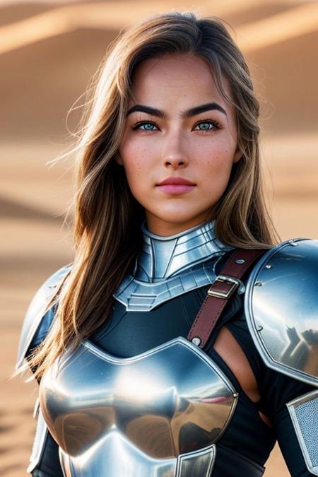 Picture, high quality, close up portrait, Koh_NochtliPeralta, wearing a medieval knight armor, (reflective metal armor), heraldry, in a desert, bright sun, perfect face, sharp focus