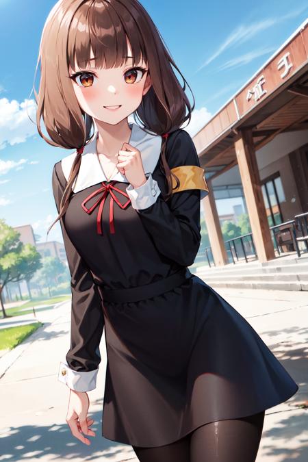 masterpiece, best quality, highres, bbmiko, long hair, low twintails, blunt bangs, collarbone, neck ribbon, red ribbon, black dress, black shirt, long sleeves, black sleeves, armband, black pantyhose, <lora:iino_miko_v1:0.8>, standing, cowboy shot, outdoors, smile