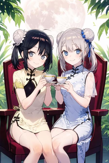 <lora:last:1>2girls, dress, cup, twintails, sitting, holding, teacup, branch, braid, flower, thighhighs, chair, smile, moon, multiple girls, double bun, hair bun, holding cup, grey eyes, chinese clothes, looking at viewer, bun cover, black hair, white dress, china dress, grey hair, blue eyes, black dress, short sleeves, long hair