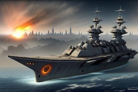 a space pirate battleship among the ruins of an advanced, futuristic city