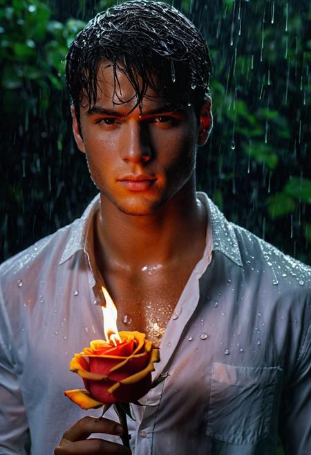 <lora:add_detail:0.25> (Medium Shot) A handsome young man, wearing a soaked white shirt, delicately holds a burning rose under a heavy rain. Water droplets fall on him, contrasting with the vibrant fire of the flower. His serene, admiring face is illuminated by the warm glow of the flaming rose. The firelight accentuates his features as he gazes with fascination at the flower burning in his hand. The contrast between the rainwater and the fire of the rose creates a dramatic and captivating atmosphere.
 ((masterpiece)) ((best quality) <lora:attractive_v2:0.15> <lora:extremely_detailed_v2:0.25>  <lora:perfect_hands:0.50> ng_deepnegative_v1_75t