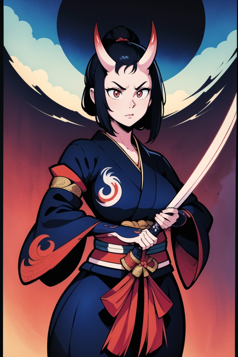 girl,samurai,(traditional_media,illustration:1.4),kimono,wielding katana,normal_breasts,(oni, horns, detailed_eyes),fighti...