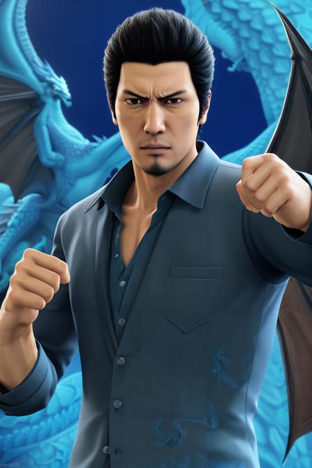 3d render, Kiryu, man with dark hair, young, brown eyes,  angry , Blue shirt, blue background with dragon pattern <lora:FRNK_Kiryu:0.7>