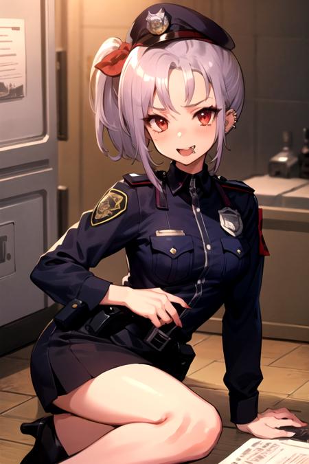 masterpiece, best quality, 1girl, fefe, short grey hair, red eyes, side ponytail, piercing, medium breasts, police uniform, policewoman, prison cell, <lora:last-000002:1>