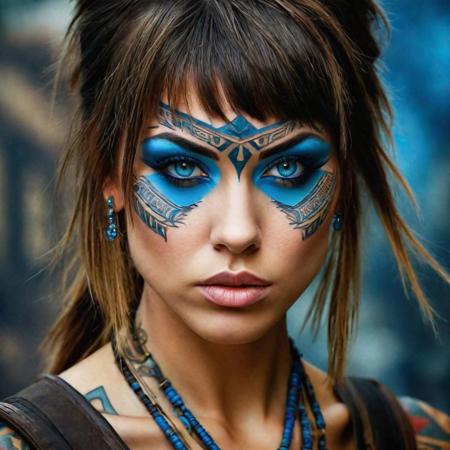 realistic photo wild young 1woman, warrior face tattoo, super realistic, sharpened details, ultra detail, detailed skin, blue sharpened eyes, detailed brunette with bangs, movie, piercing, intricate details, (gorgeous face:1. 2), Masterpiece, , ((Full Body in frame)),