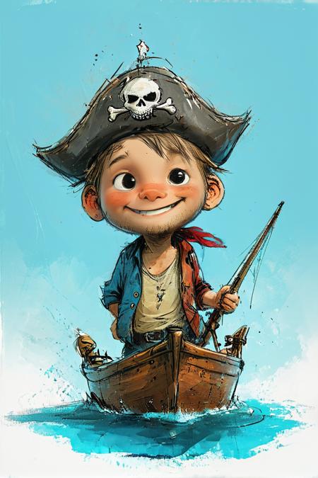 impactful color paint of cute drawing of 2boys, boat, ocean, caustics, wave pointing, , happy pirate hat, eyepatch, shark, flintlock ,<lora:Cute_Drawing:0.8>, highly detailed,  8k, sharp,  professional, clear,   high contrast, crystal clear