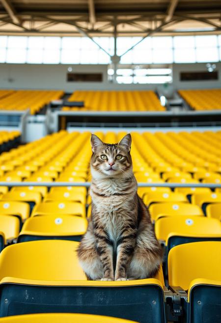 (Soft Lighting Photography by Mimoza Veliu and Mario Giacomelli:1.2), NSFW, a cat sitting on yellow stadium seats in what appears to be an empty sports arena or venue. The background features rows of empty yellow seats and some structural elements of the stadium, such as beams and supports. The lighting suggests it might be daytime, with natural light illuminating the scene.