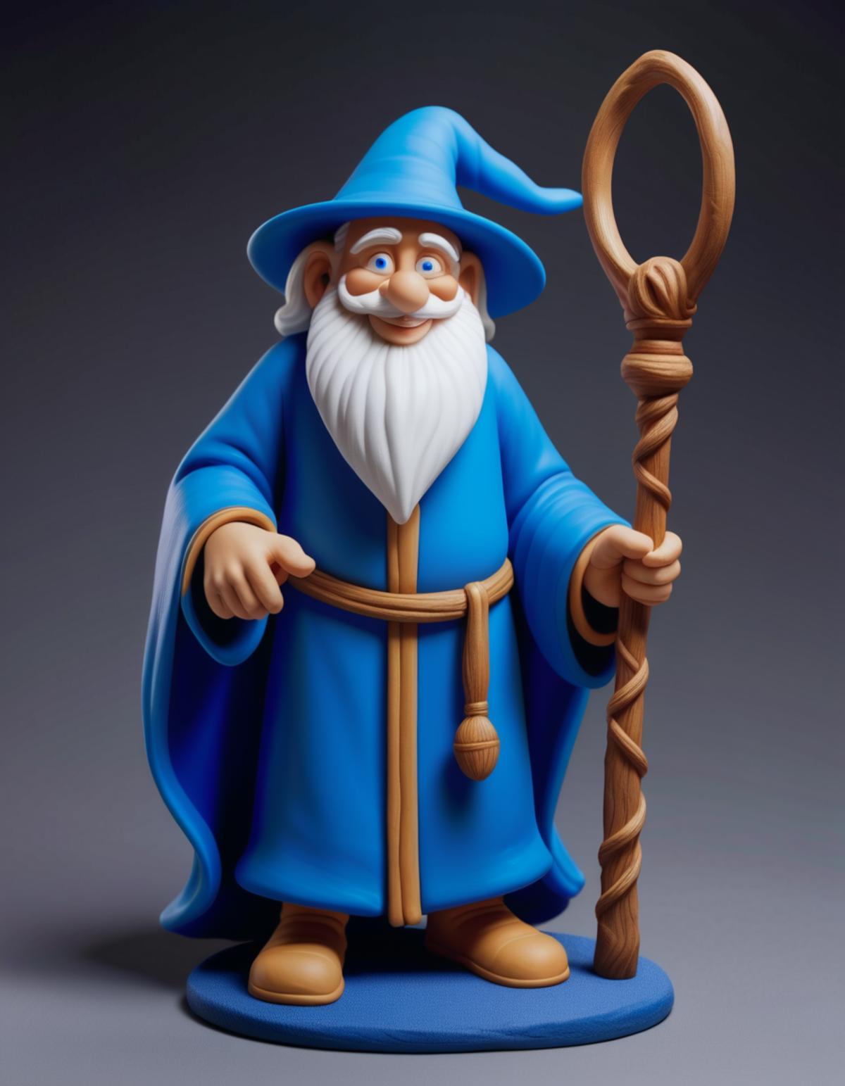 play-doh style An old wizard smiling,  holding a staff, wearing a blue robe, nighttime  . sculpture, clay art, centered co...