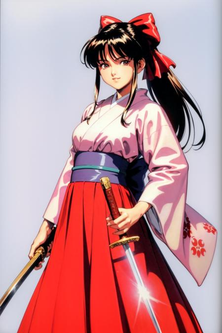 masterpiece, best quality,(1990s \(style\):1.2),Sakura Shinguuji (sakure wars), 1girl, weapon, solo, long hair, japanese clothes, bow, sword, black hair, brown eyes, hair bow, red bow, kimono, katana, pink kimono