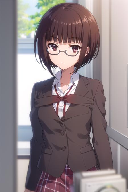 lunaminase, <lora:luna minase s2-lora-nochekaiser:1>,
luna minase, short hair, brown hair, (brown eyes:1.5), glasses, bob cut, under-rim eyewear,
BREAK skirt, school uniform, plaid, plaid skirt, shirt, white shirt, collared shirt, jacket, long sleeves, black jacket,
BREAK indoors, classroom,
BREAK looking at viewer, (cowboy shot:1.5),
BREAK <lyco:GoodHands-beta2:1>, (masterpiece:1.2), best quality, high resolution, unity 8k wallpaper, (illustration:0.8), (beautiful detailed eyes:1.6), extremely detailed face, perfect lighting, extremely detailed CG, (perfect hands, perfect anatomy),