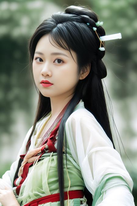 1girl,solo,long hair,looking at viewer,upper body,(hair stick:0.9),<lora:GUCHEN-09:0.8>,blurry background,hanfu,