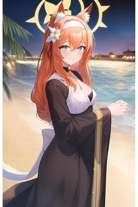 masterpiece, best quality, highres, 1girl, solo, {night:1.10}, {starry sky:1.10}, beach, beautiful detailed sky, {extremely detailed background:1.20}, mature, {mari_bluearchive:1.10}, long_hair, orange_hair, halo, blue_eyes, flower, bangs, blush, animal_ears, animal_ear_fluff, hair_ornament, hair_flower, smile, hairband, white_hairband, hair_between_eyes, animal_ear_headwear, {standing:1.10}, looking at viewer, {bikini:1.30}, light smile