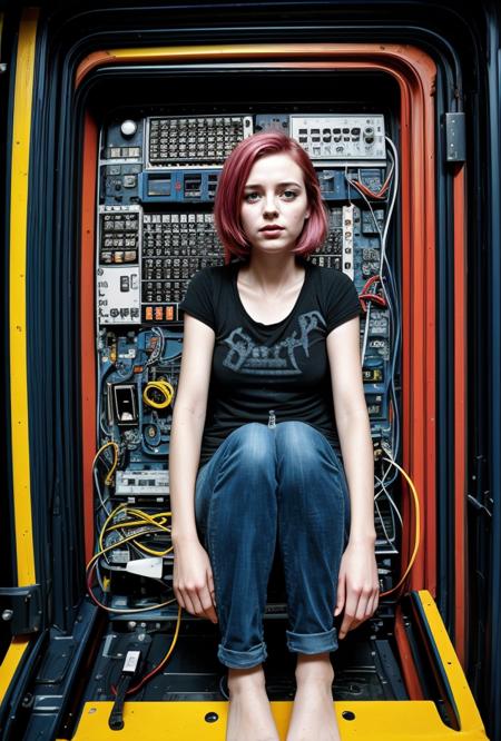 worn-down computer control panels surrounding an adult woman in dirty clothes sitting in a starship, creating a hyperpunk scene with desaturated dark red and blue details, colorful (polaroid:0.7) with vibrant colors, (vacations, high resolution:1.3), (small, selective focus, european film:1.2), (sexual advance:1.1), closeup
 <lora:Better_Details:0.6> 
<lora:epiC35mm:0.6> epiC35mm
<lora:LCM_1-5:0.7> 
<lora:ContrastControl:1.3>
 <lora:Colortone_Slider:2.4>  bright color