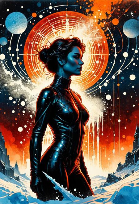 Silhouette Art, breathtaking detailed, masterpiece, lovely, charming, awe-inspiring, radiant, magnificent. (all dark hues and fine vibrant orange glowing smoldering accent and shiny gold color scheme:1.02). glossy.
<lora:InkArtXL_1.2:0.4> <lora:FaeTastic:0.35> . award-winning, professional, highly detailed . extremely high-resolution details, photographic, realism pushed to extreme, fine texture, incredibly lifelike, high contrast, well defined .
Silhouette, Pointillism multicolored pin point clumped needle thin dots grainy collage stencil texture style, Angled slanted 2 point perspective visual depth back shot pointillism gust white snow pointillism dot particles partially covering woman, cyan pointillism water dots dripping down smaller dot circles ceiling pointillism dot white icicles, orange glow emanating, wind gust snow dots pointillism white wind patterns, capturing motion, semi-realistic Minimalist vector illustration, futuristic, sharp angular designs, bold red background, intense expression, modern urban style, clean lines, high contrast between black, white, and red, sleek futuristic aesthetics. (in the style of Frank Frazetta painting) Dean Cornwell, design, 1970s, Russian Constructivist style, double exposure, volumetric lighting, expressive, ancient starchart, ink spattered background, warm colors, space, art deco, splatter, Japanese Woodblock print, planar rectilinear shapes, extreme energy, dynamic posing, Dutch angle, black, Crimson
