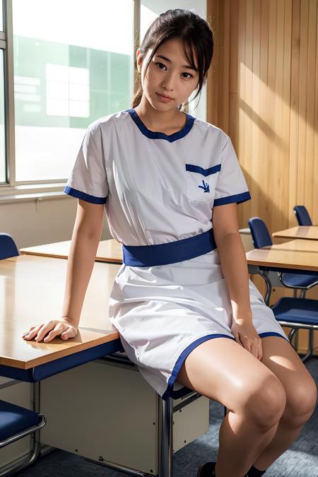 moring, classroom, 1woman, sitting, 18yo, (looking at viewer:1.5), masterpiece, best quality, HDR,UHD,8K, hand back, realistic photo, upper body, short sleeve, cute, <lora:DGSUFv1:0.84>, DGS, girdle,