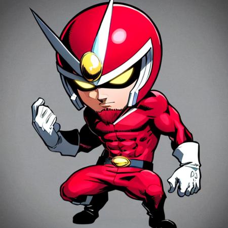 Viewtiful Joe,  red bodysuit, pink scarf, helme with glowing yellow eyes, goatee, white gloves and boots, abs, short height, chibi head,
(insanely detailed, beautiful detailed face, masterpiece, best quality) <lora:Joe:0.7>